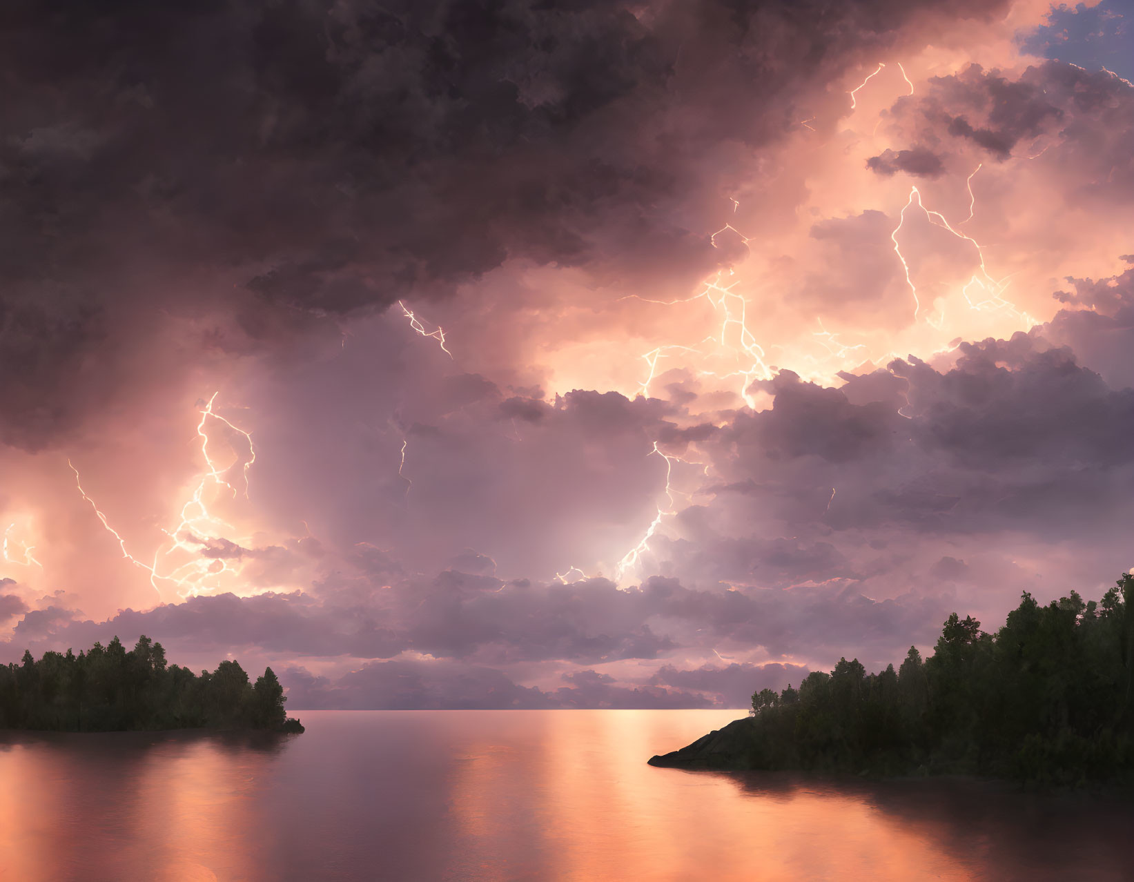 Stormy Sky with Lightning Bolts Over Serene Lake at Dusk