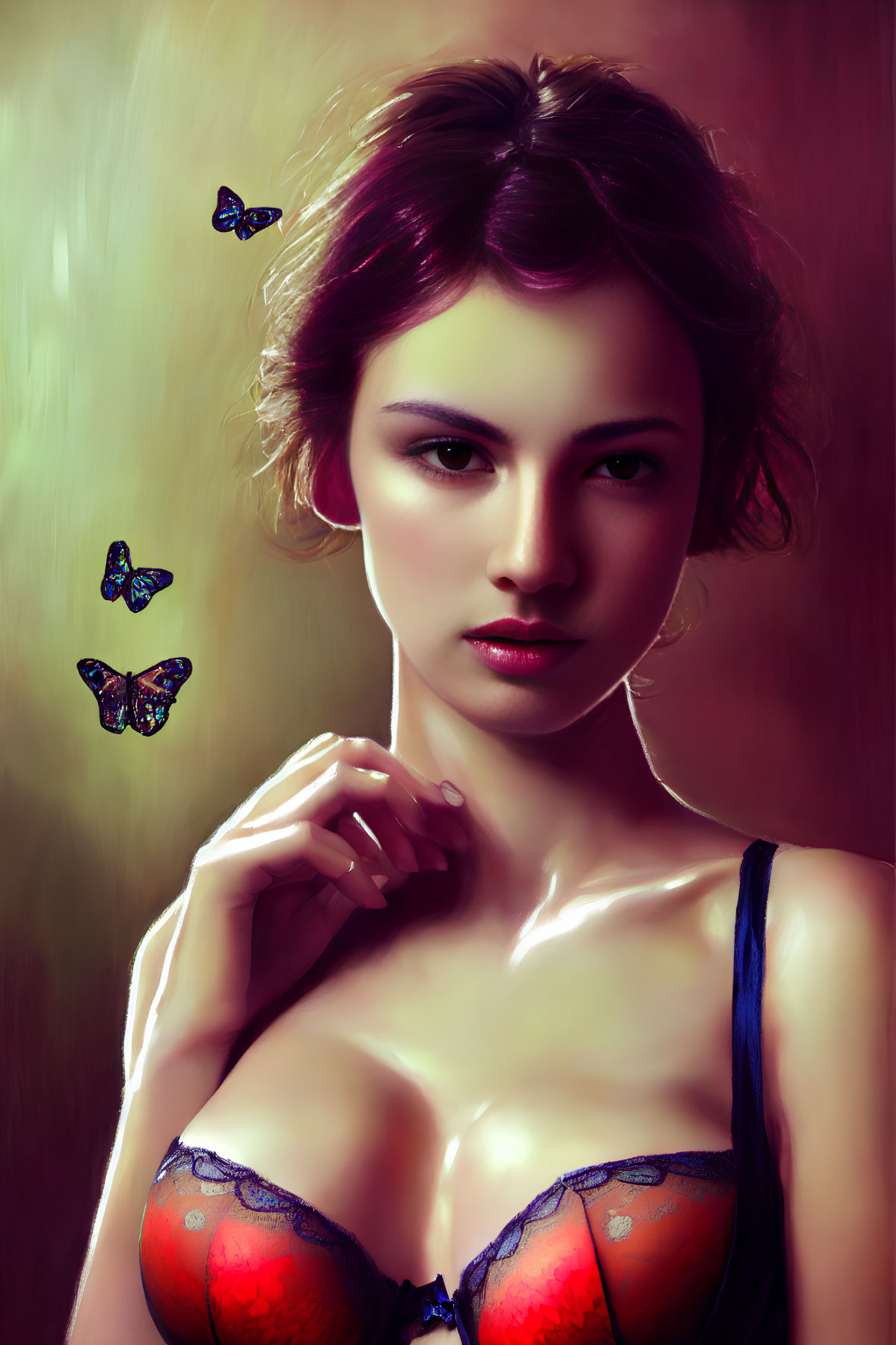 Young Woman Portrait with Purple Hair and Butterflies in Digital Lighting