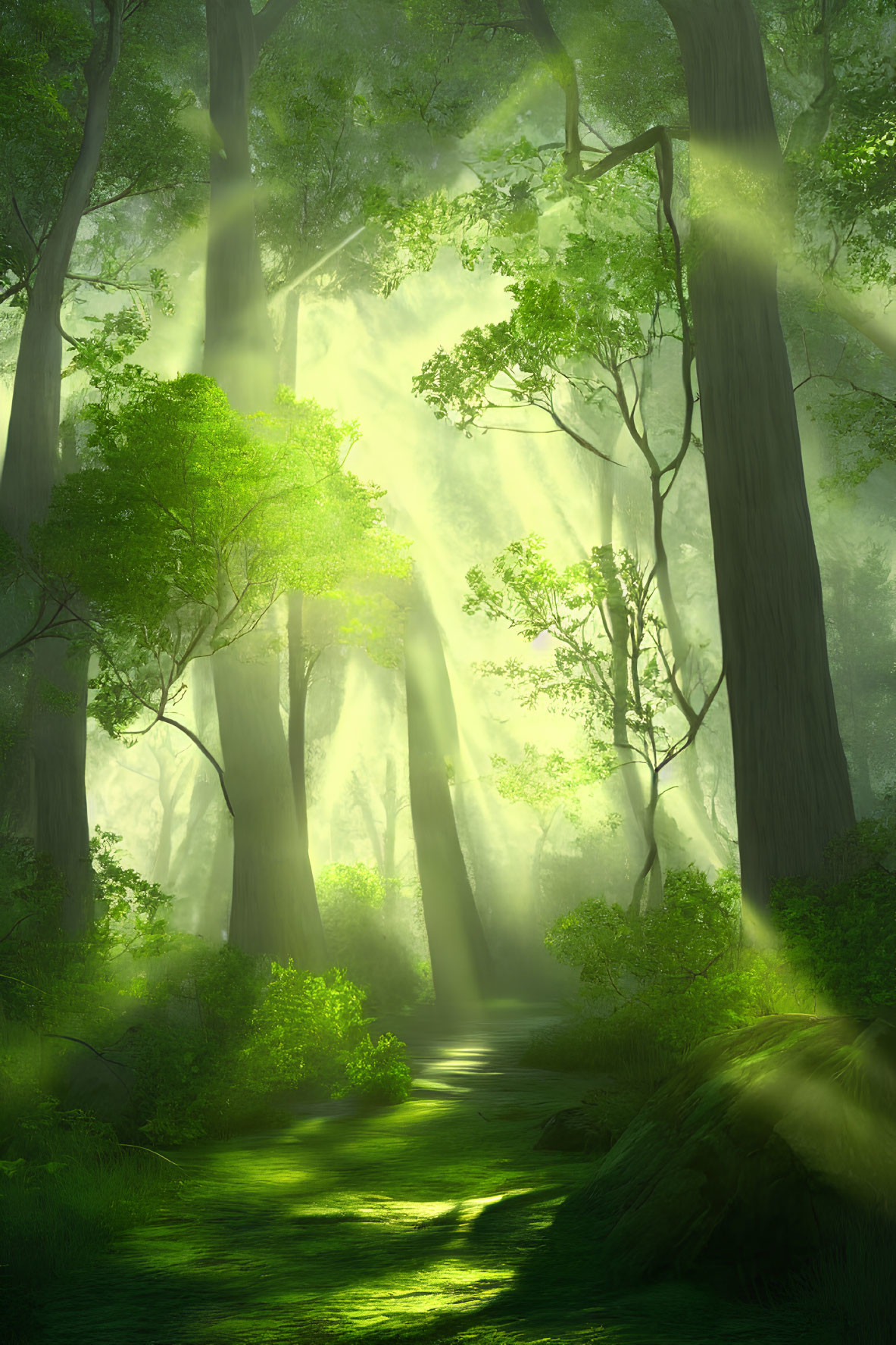 Tranquil Green Forest with Towering Trees and Sunlight Glow