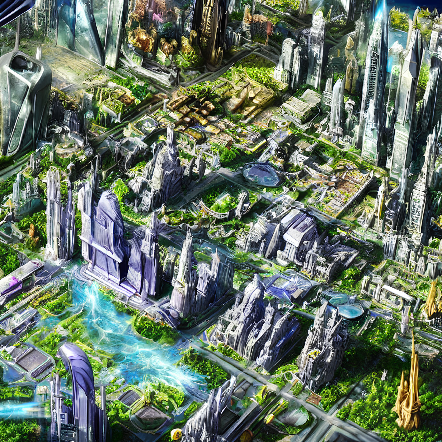 Futuristic cityscape with skyscrapers, parks, and advanced technology