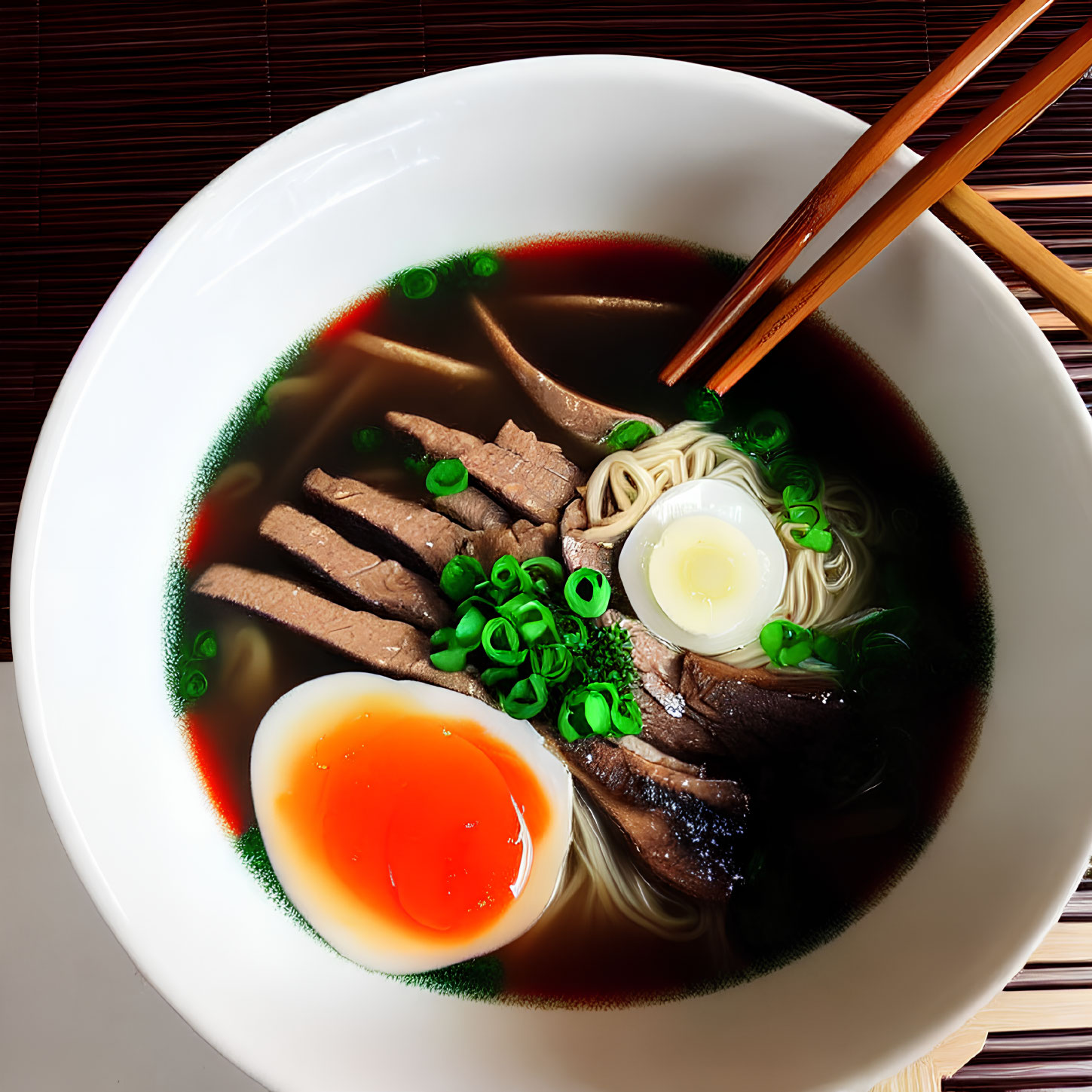 Savory beef ramen with egg, noodles, green onions, and chopsticks