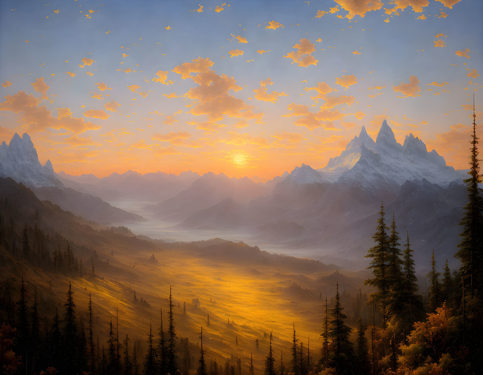 Mountainous landscape sunset with river, forest, and birds