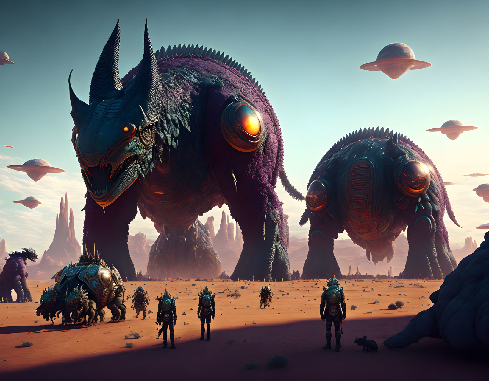 Giant rhino-like creatures, space-suited figures, and flying saucers in a desert