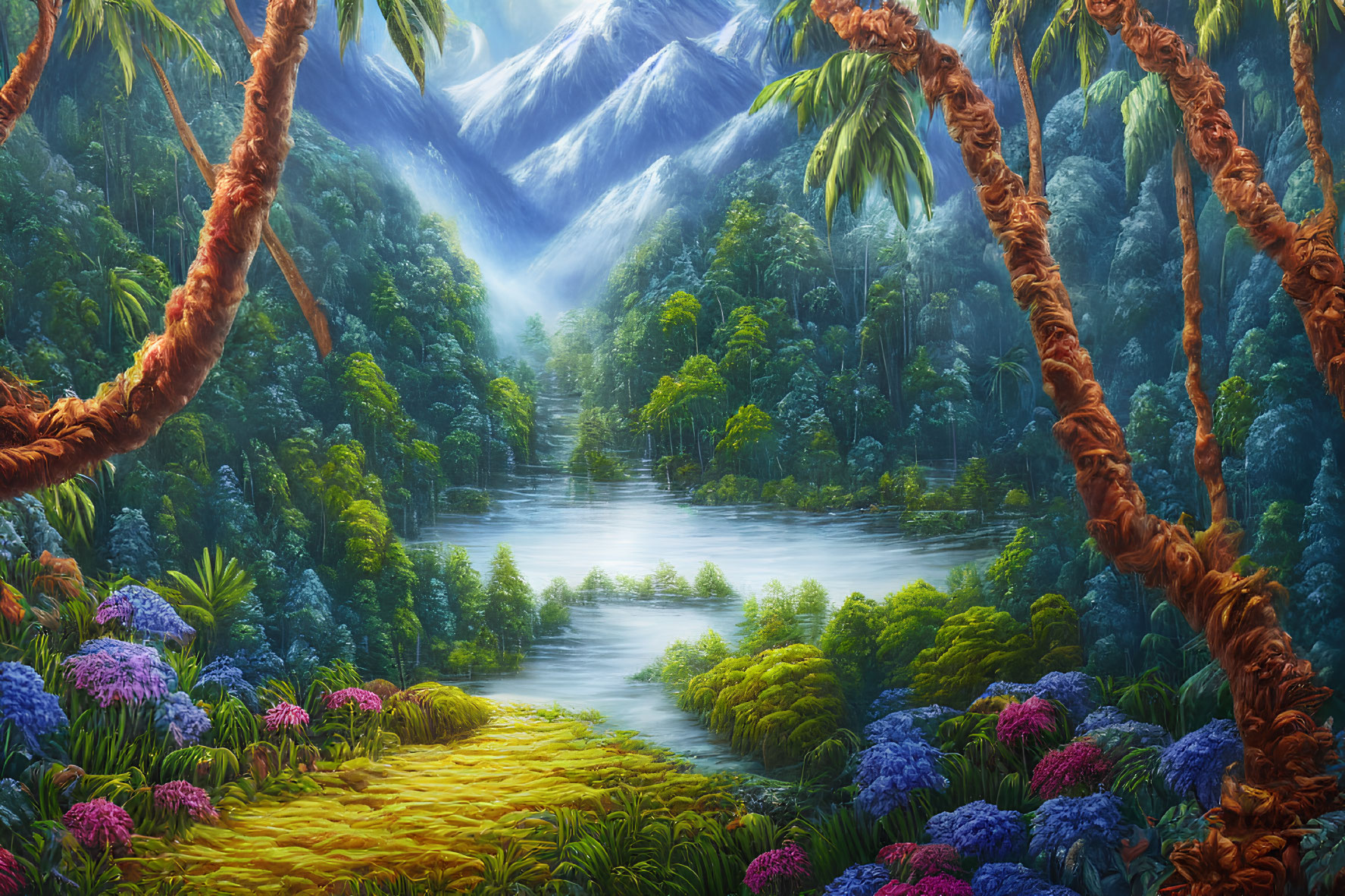 Colorful Tropical Landscape Painting with Lake and Mountains