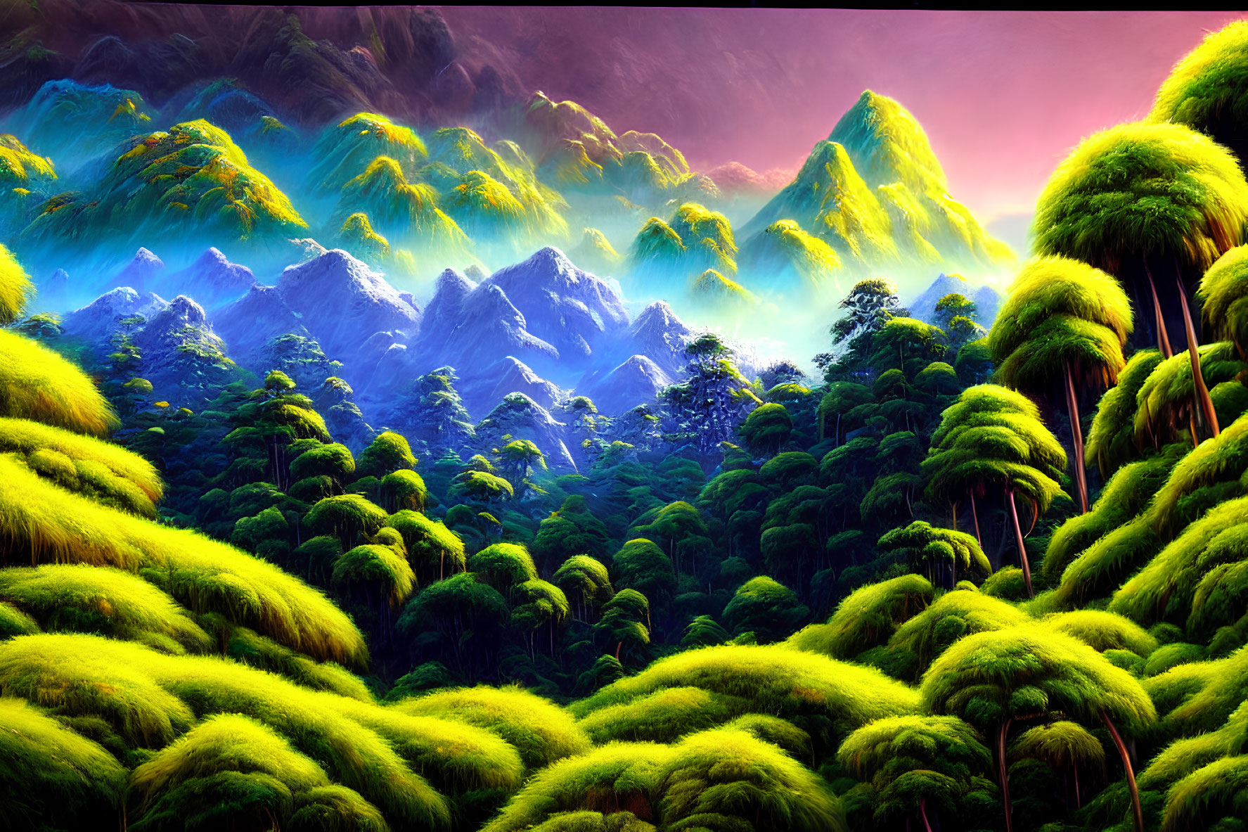 Lush Green Tree-Covered Mountains Under Colorful Sky