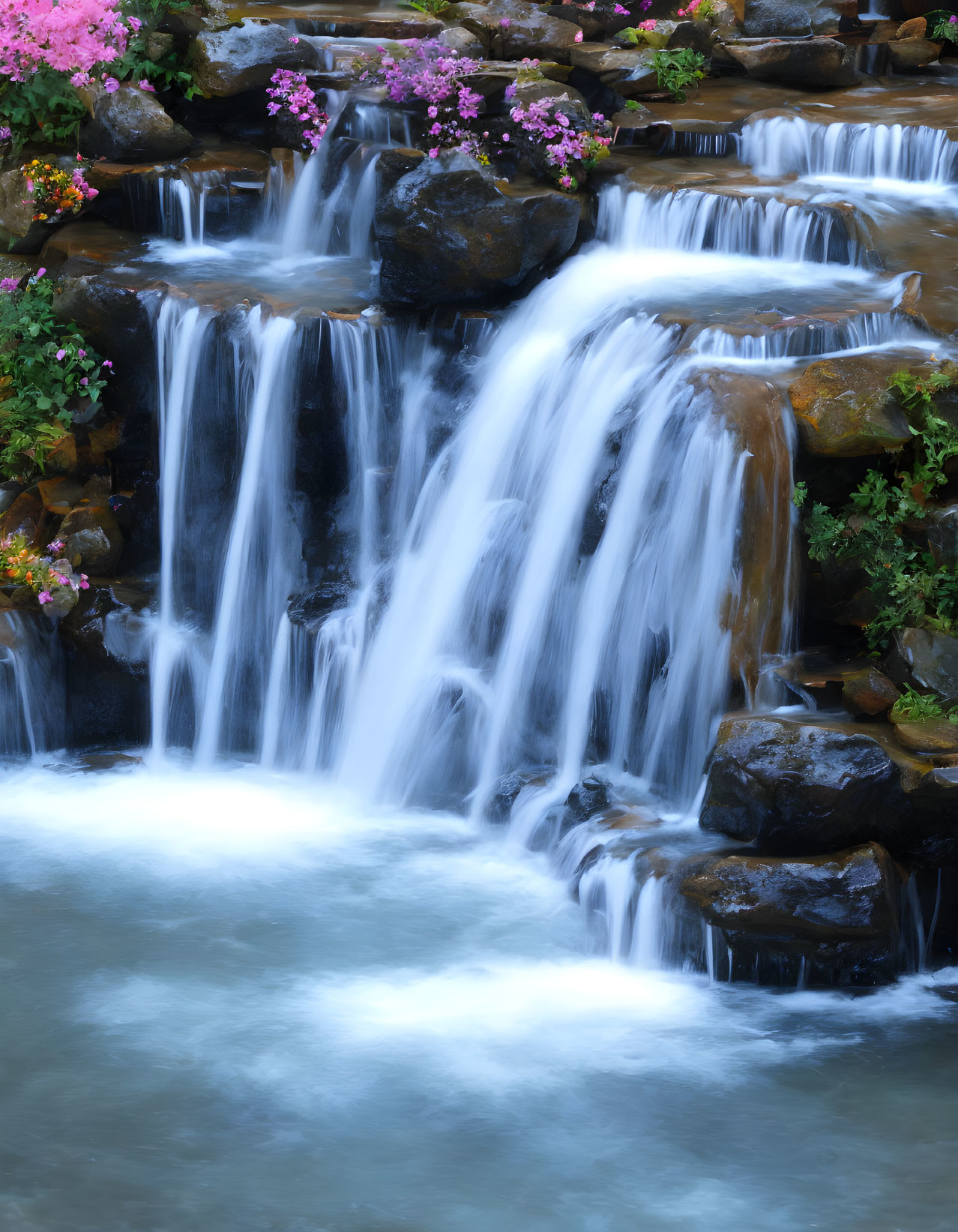 Tranquil Waterfall Scene with Pink Flowers and Greenery