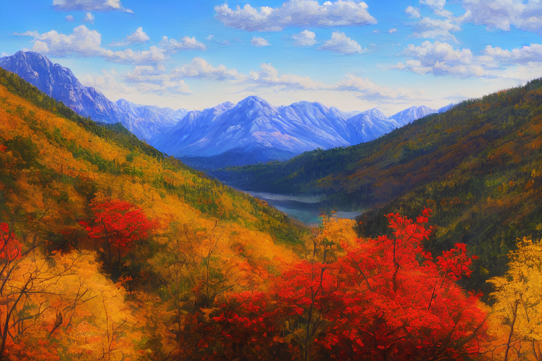 Autumn mountain landscape painting with red and yellow foliage