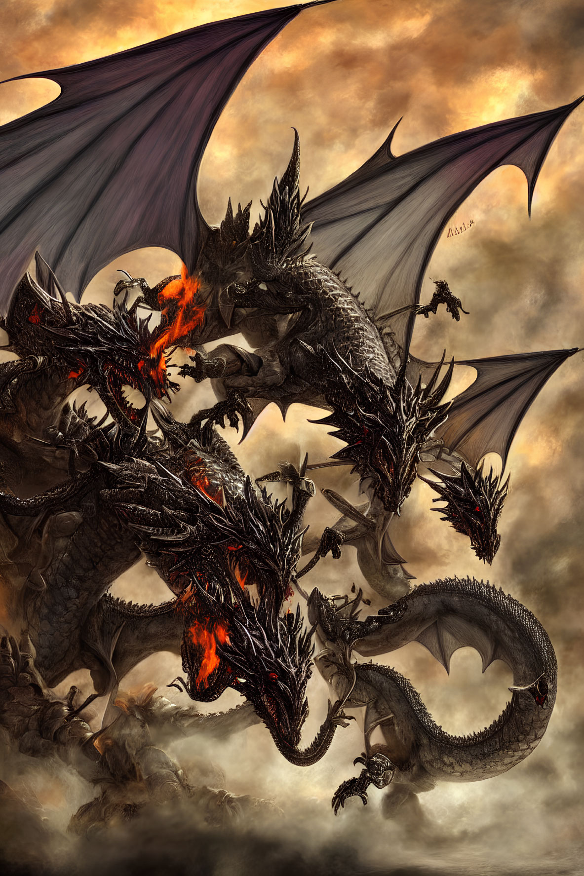 Multi-headed dragon with fiery breath and expansive wings in smoky clouds