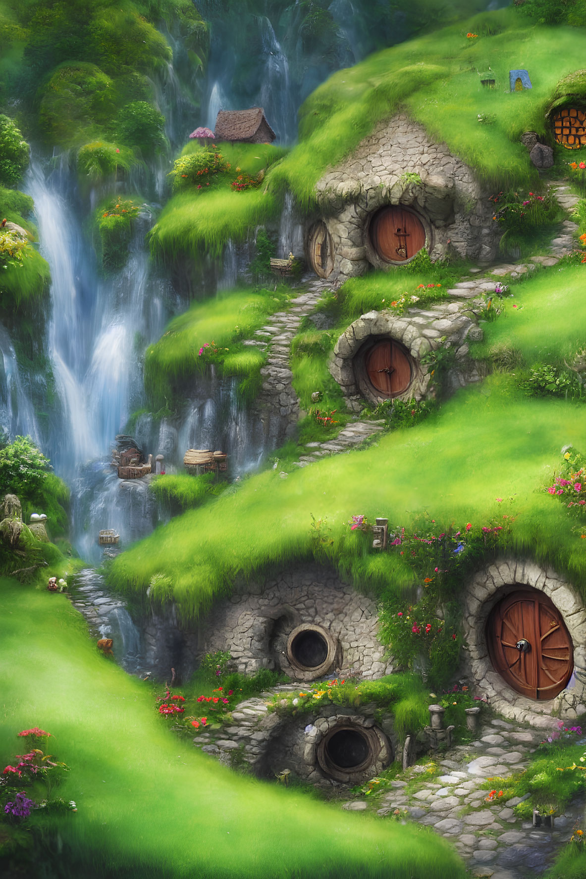 Lush Green Hillside with Hobbit-Like Houses and Waterfalls