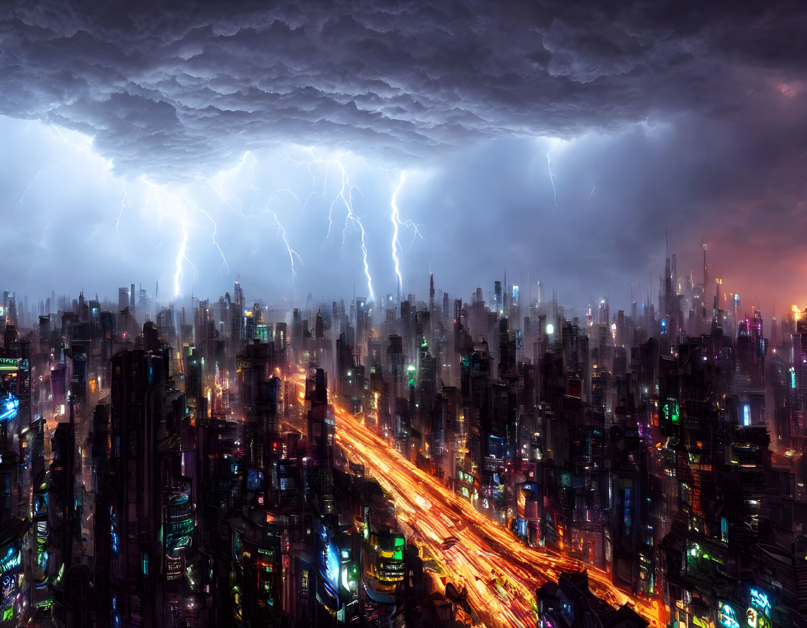 Futuristic cityscape at night with neon lights, skyscrapers, and thunderstorm