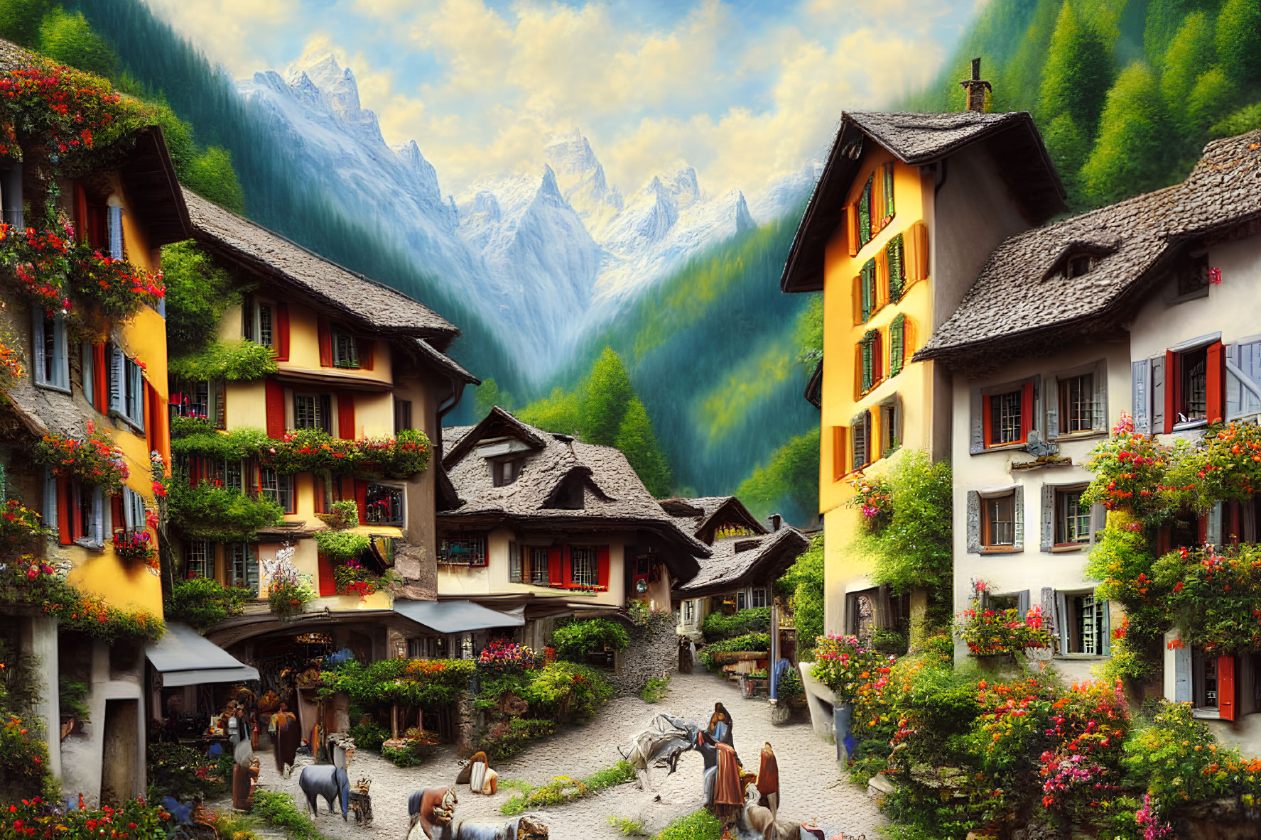 Picturesque European Village: Traditional Houses, Flower Adornments, Valley Setting