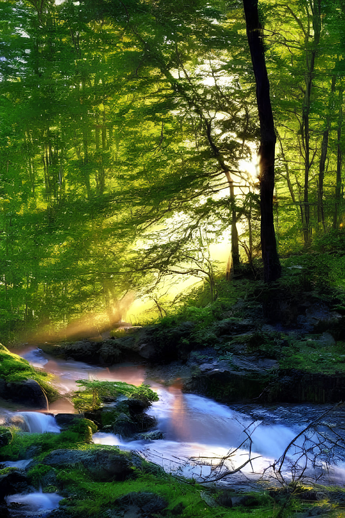 Forest canopy sunlight illuminating babbling brook with moss-covered rocks