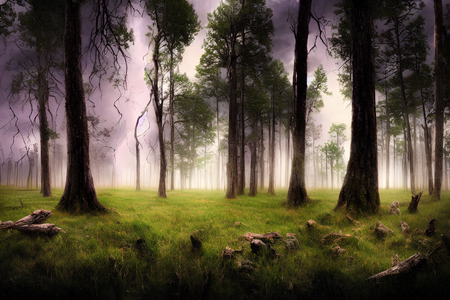 Tranquil Forest Scene with Tall Trees and Misty Atmosphere