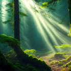 Misty forest with sunbeams illuminating moss-covered trees