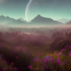 Alien landscape at dawn with purple flowers, forested hills, and mountains under a large moon