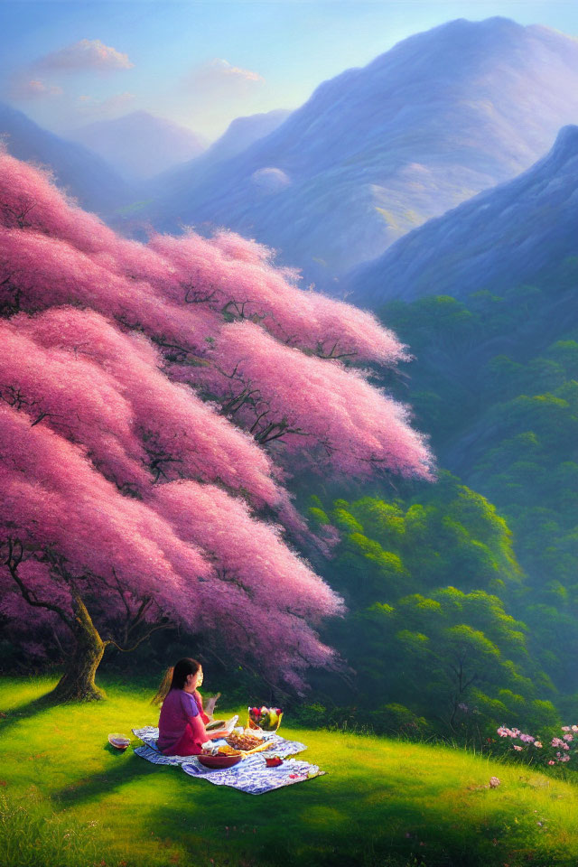 Person Picnicking Under Cherry Blossom Trees and Mountains