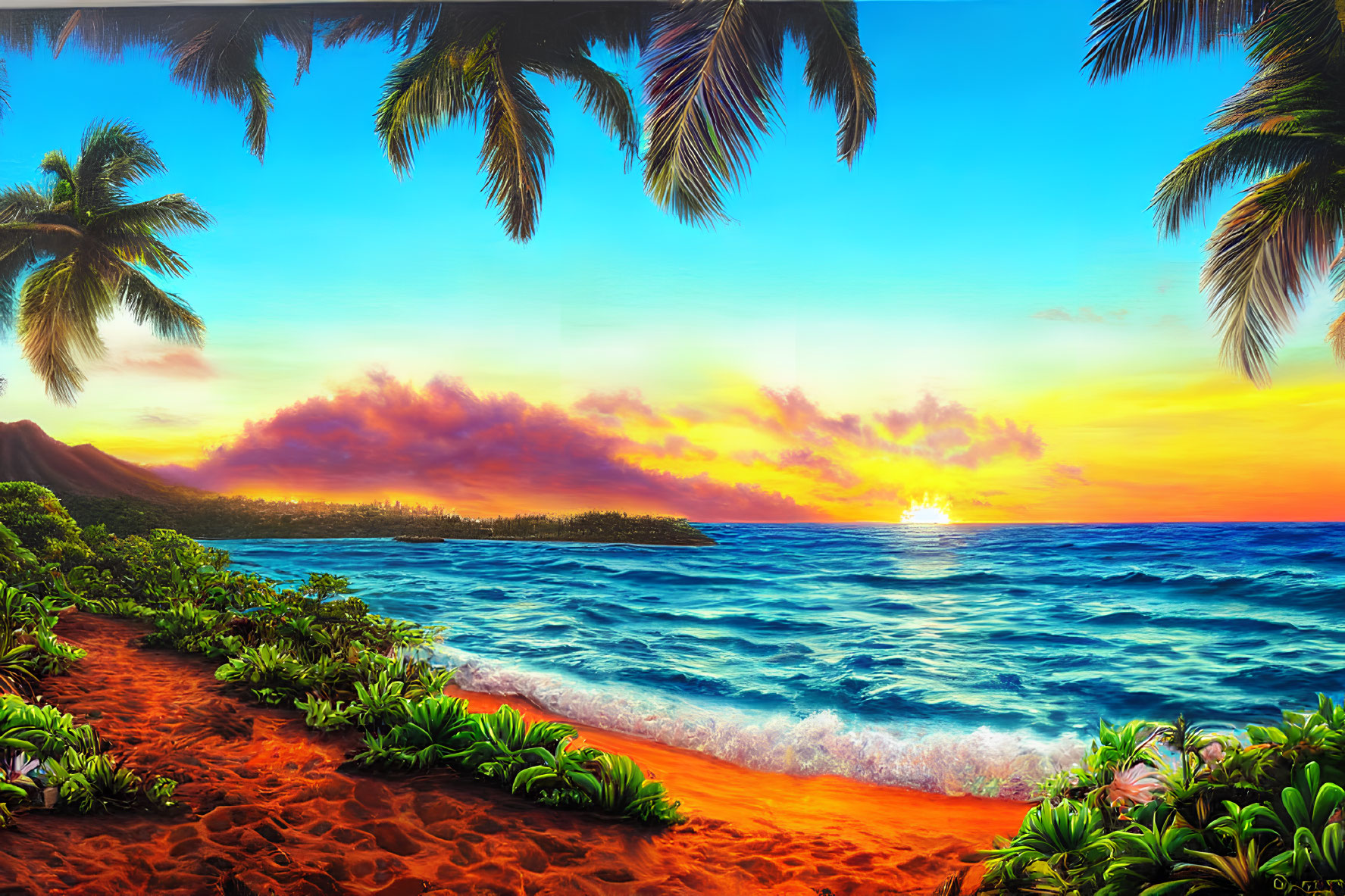 Vibrant beach scene at sunset with palm trees and blue waves