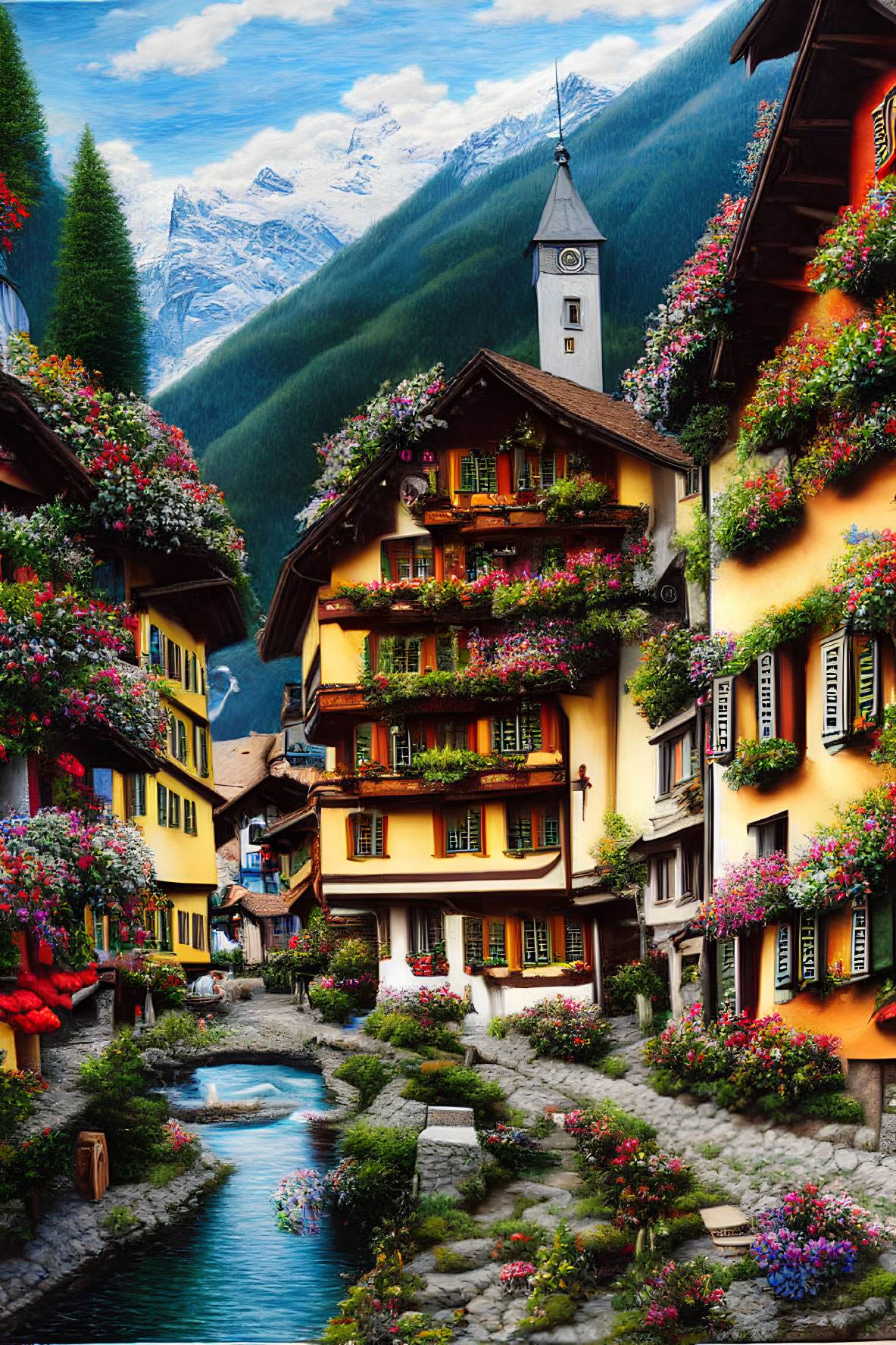 Scenic village with flower-covered buildings, river, and snowy mountains