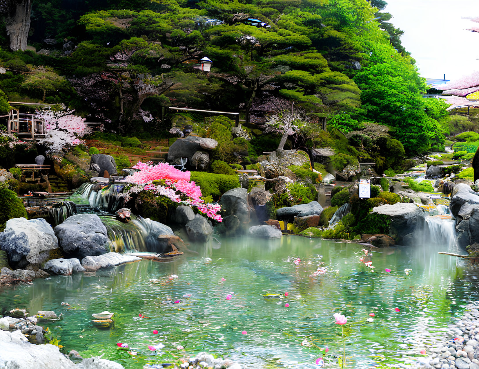 Tranquil Japanese garden with pond, cherry blossoms, waterfalls, and rocks