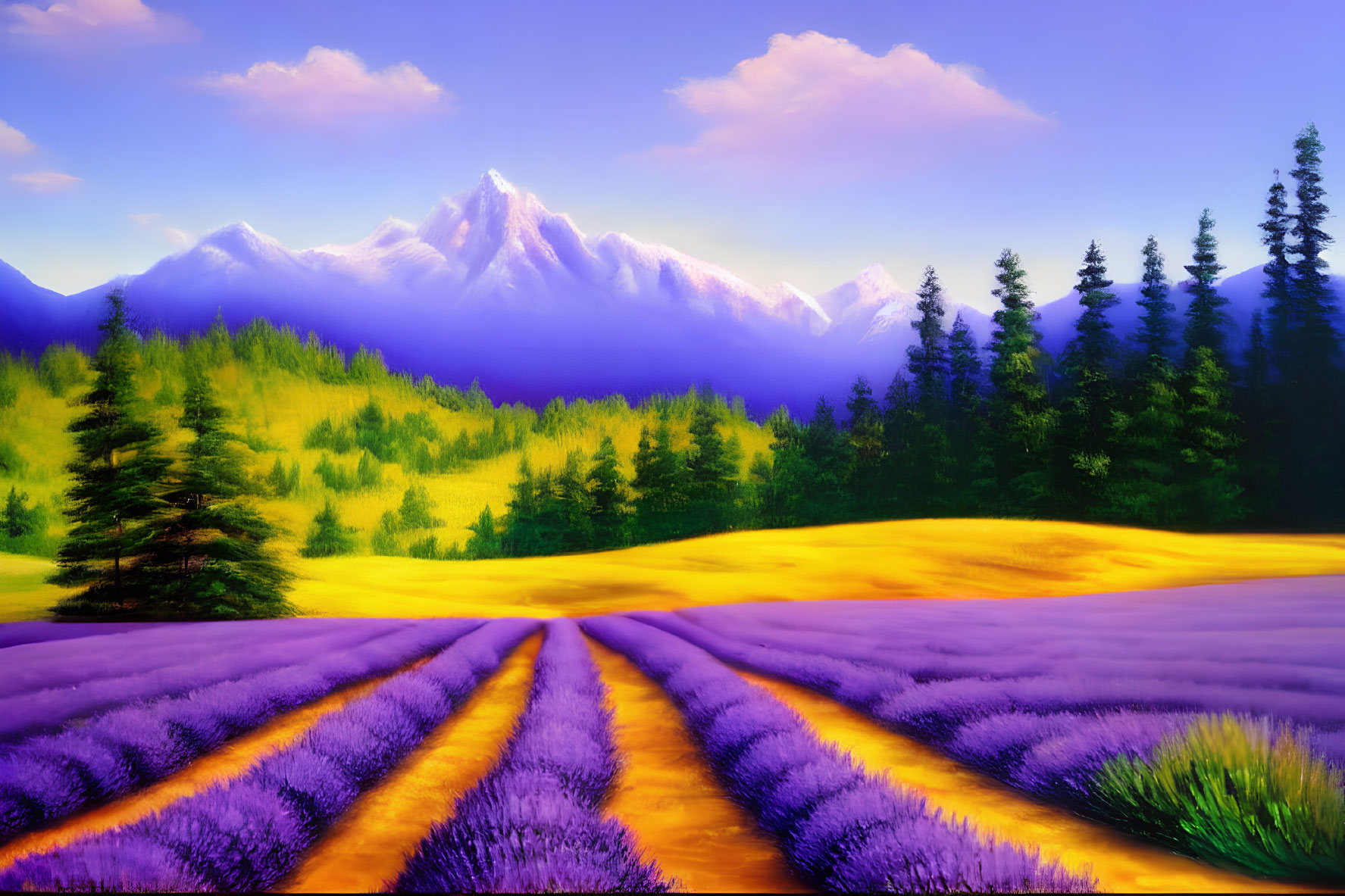 Scenic landscape with lavender fields, evergreen trees, and snow-capped mountains