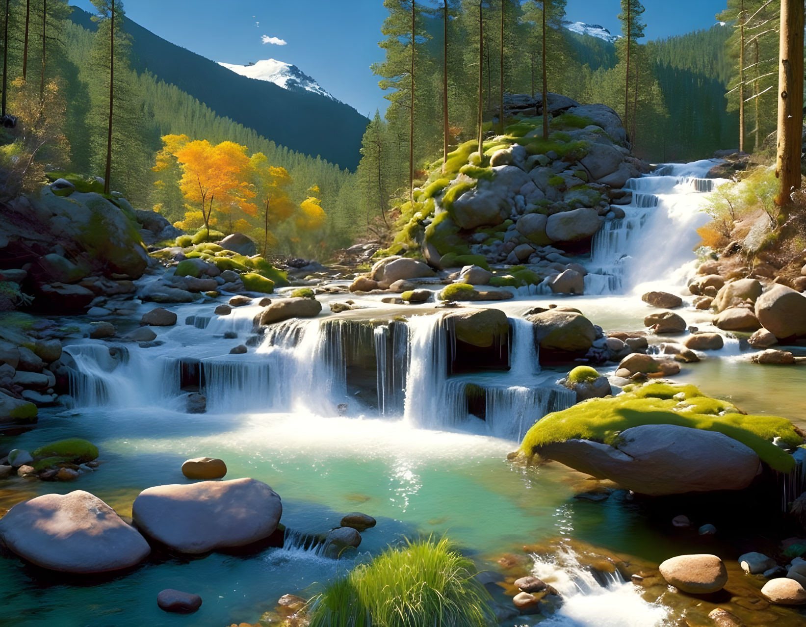 Tranquil waterfall flowing into clear pool in lush forest