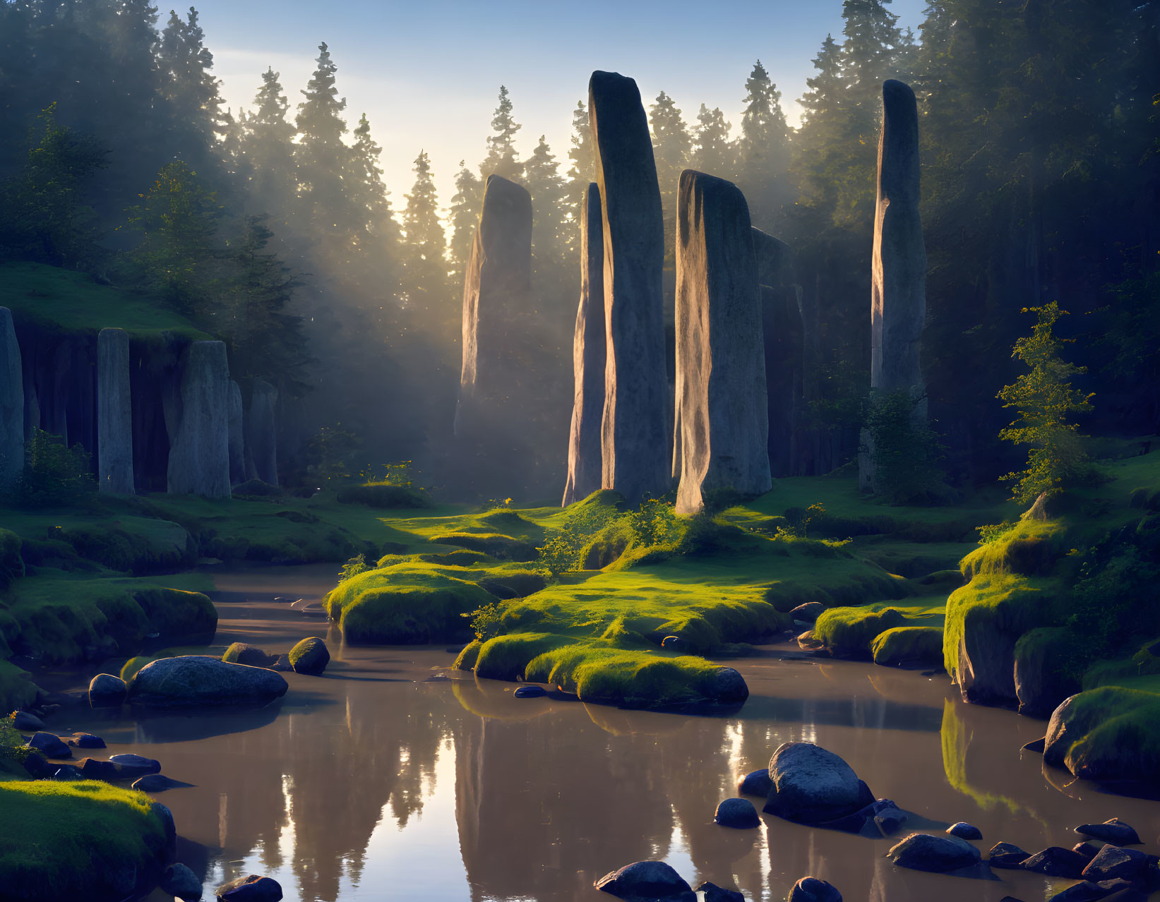 Tranquil forest scene with stone pillars, mossy ground, and calm river at dawn