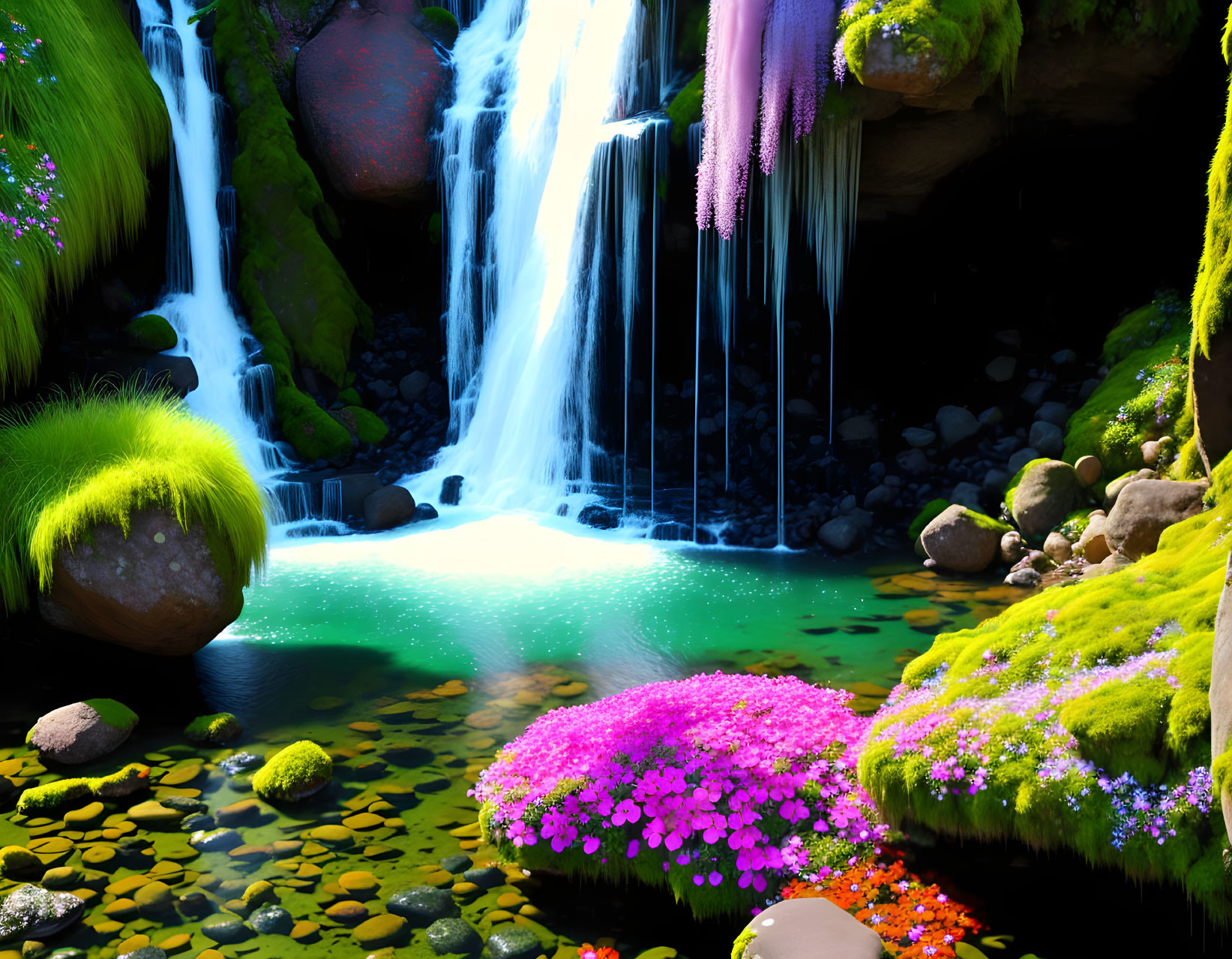 Scenic waterfall landscape with mossy stones, clear waters, and colorful flowers