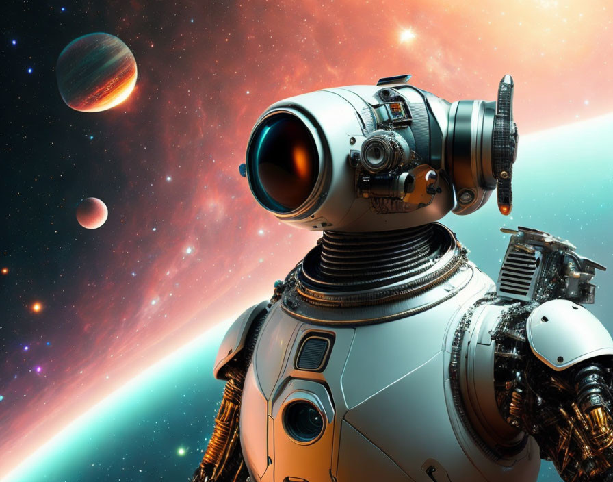 Detailed illustration: Astronaut robot with camera head in vibrant outer space scene.