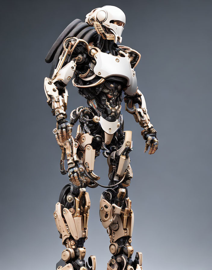 Detailed humanoid robot with white armor plates and exposed wiring on black material