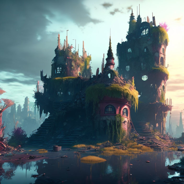 Fantastical overgrown ruin with towers and archways reflected in serene water at sunset