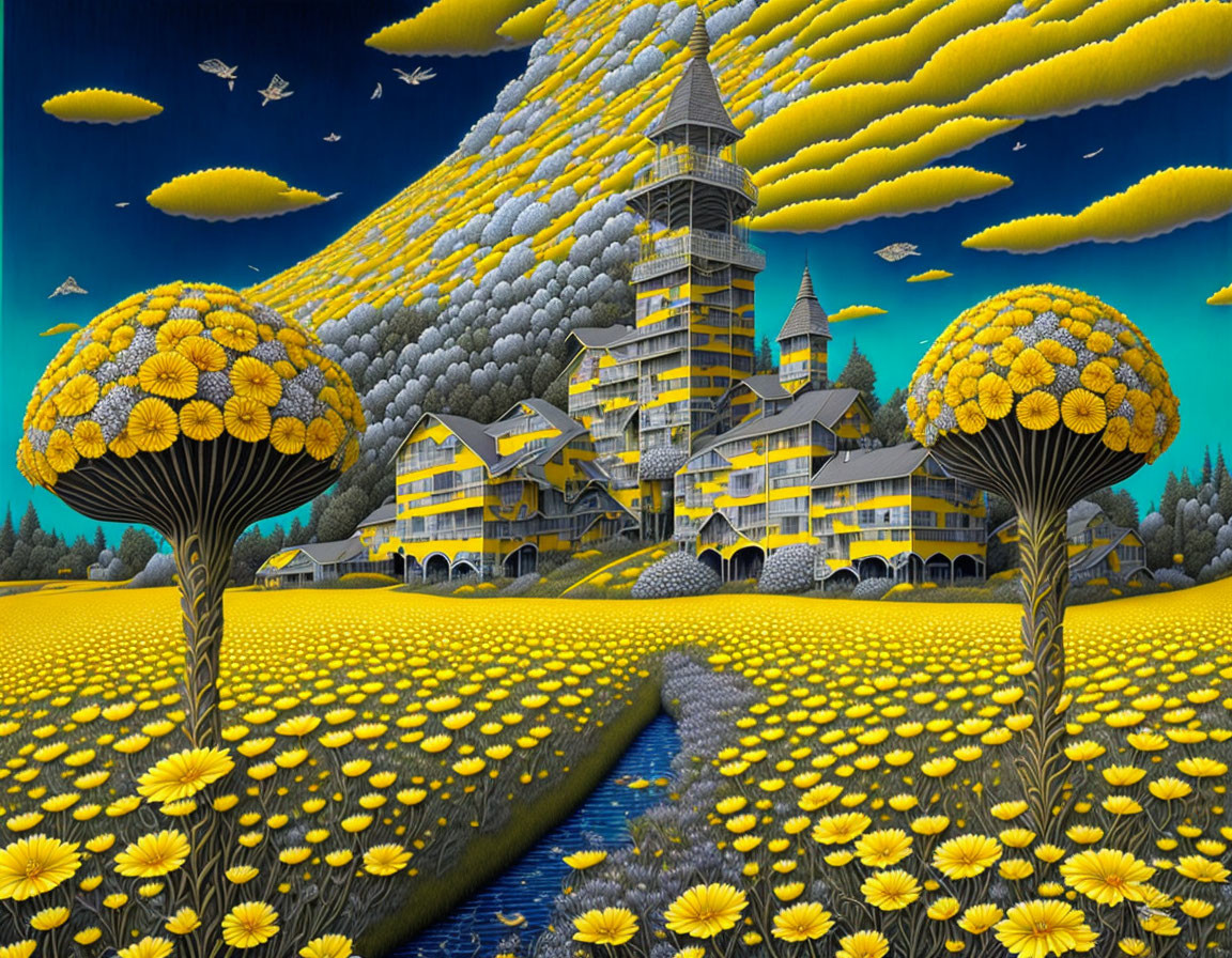 Castle-like Building Surrounded by Dandelion-Shaped Trees in Artistic Landscape