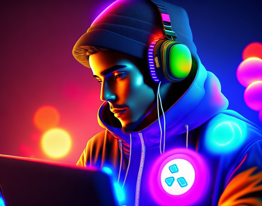 Man in hoodie and headphones under neon lights with laptop screen and glowing orbs.