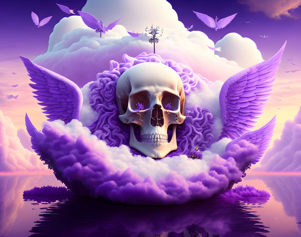 Surreal digital artwork of gold-toothed skull with wings in purple hues