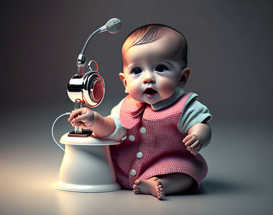 Adorable 3D baby illustration with round eyes in pink outfit holding retro microphone