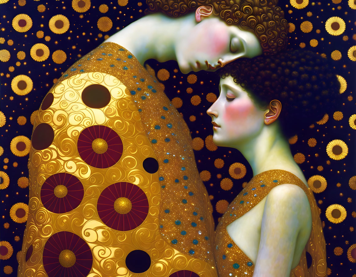 Stylized figures in golden attire embracing on ornate starry background