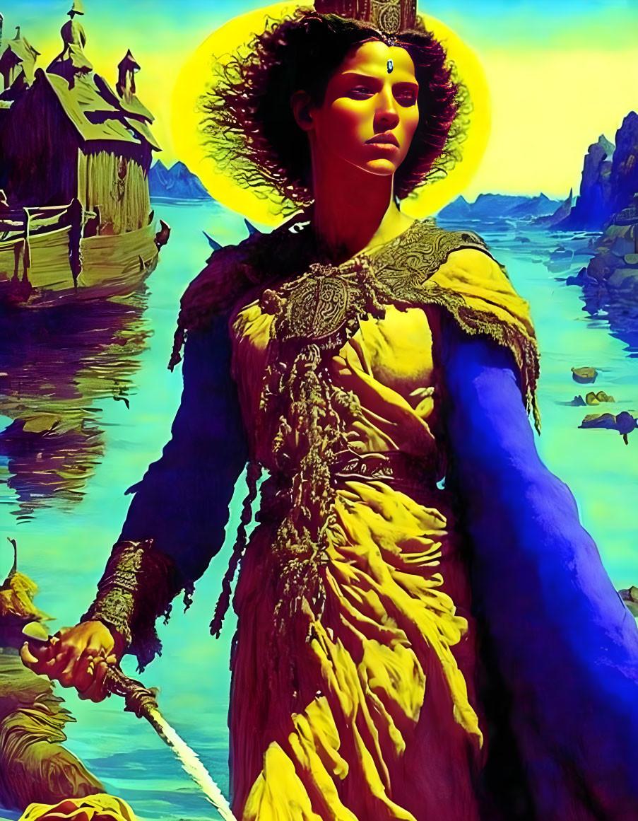 Regal figure in blue and gold dress with staff in fantasy landscape