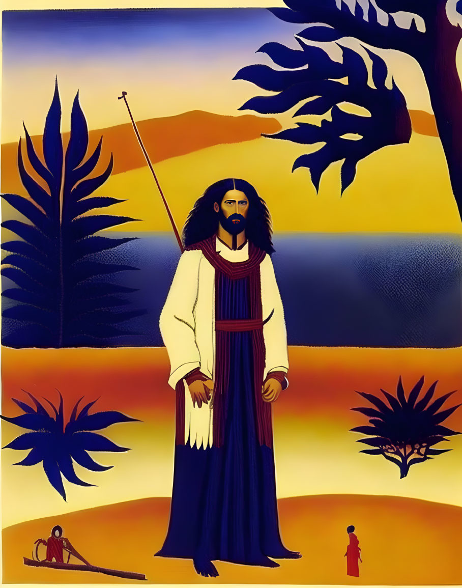 Stylized painting of robed figure in desert at dusk