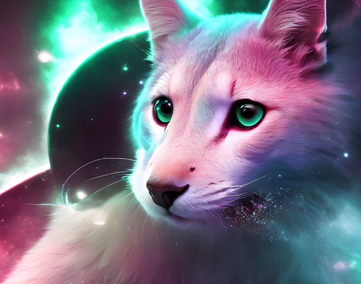 Cosmic wolf digital artwork with green eyes in pink and green nebulae