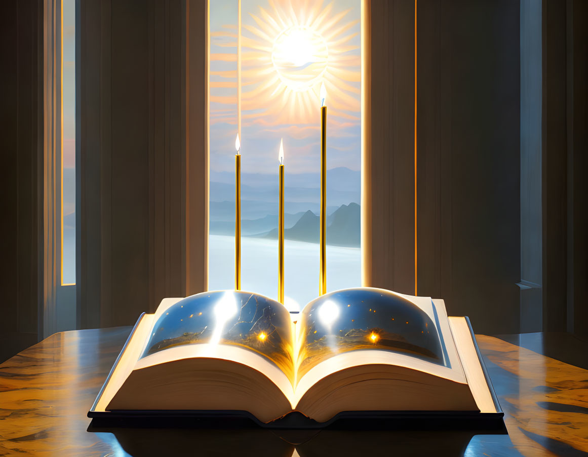 Open book with glowing pages, candles, and sunlight on table