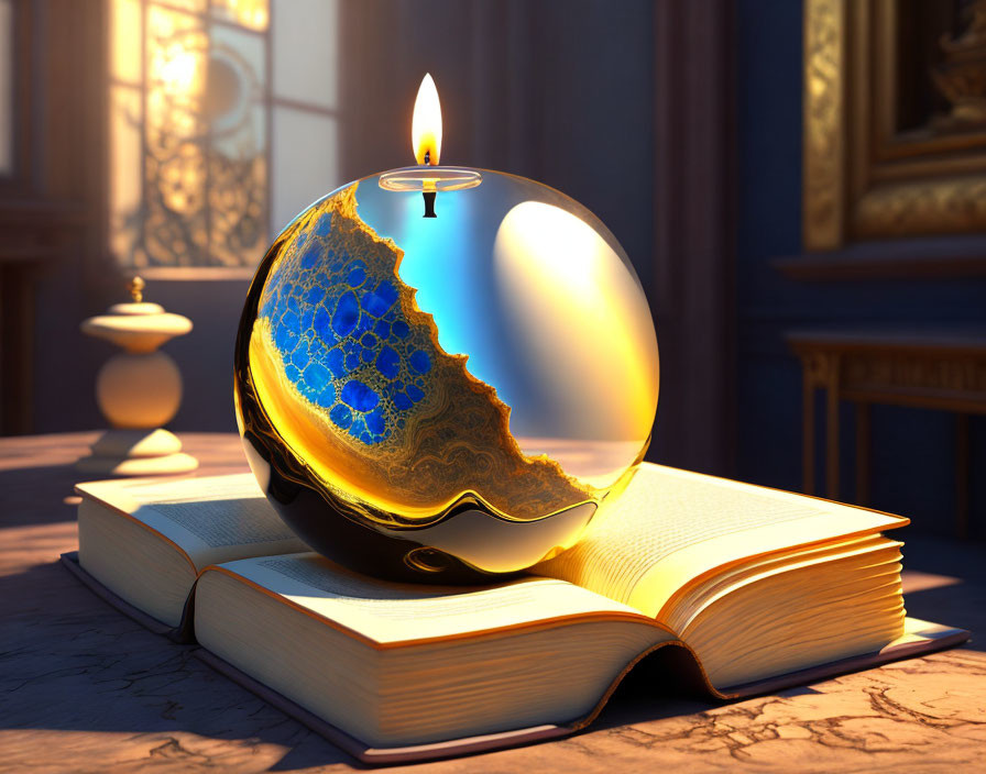 Candlelight illuminates reflective spherical object on open book