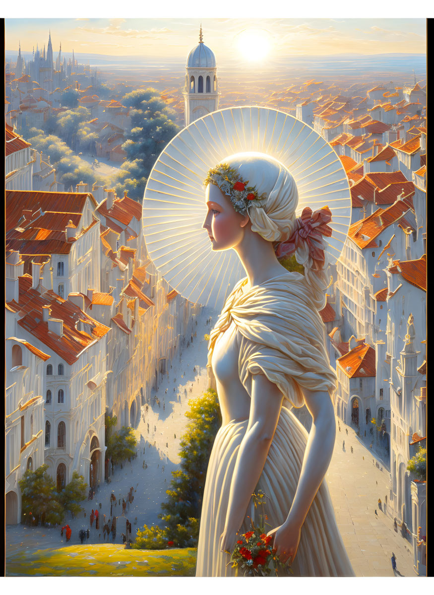 Woman with halo and floral crown in sunlit historic cityscape.