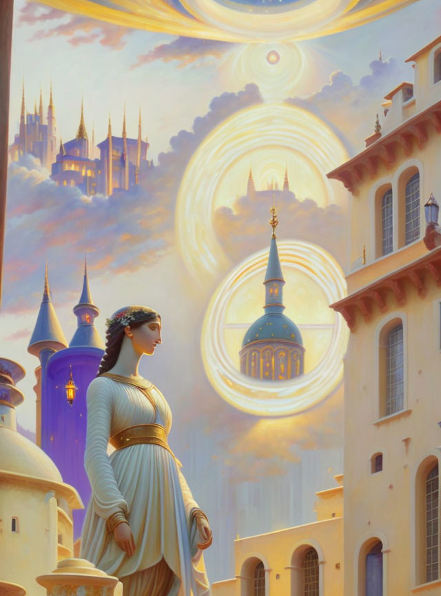 Woman in classical dress admires glowing rings and distant castle in fantastical sky