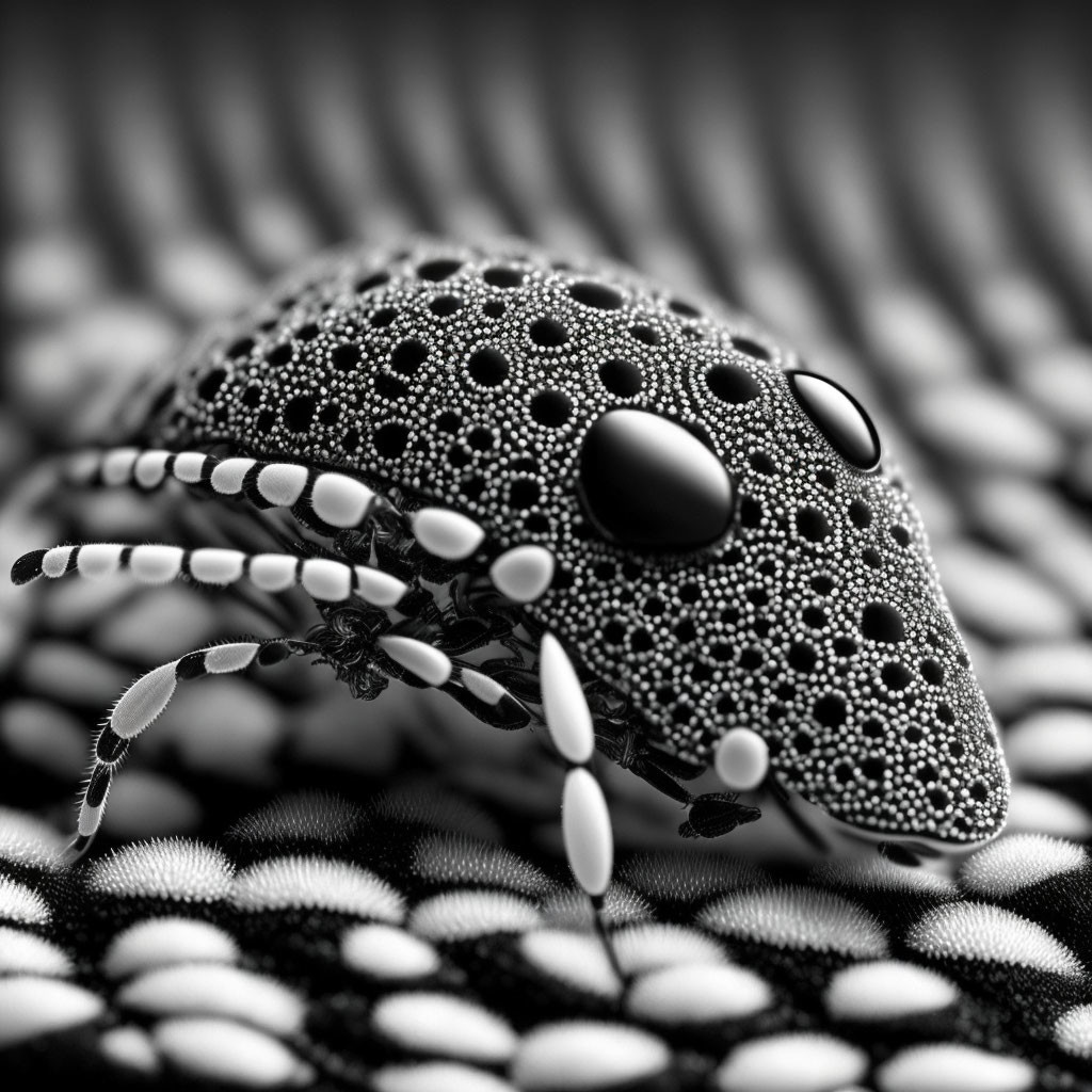 Detailed black and white close-up of a ladybug with intricate patterns on wings against textured background