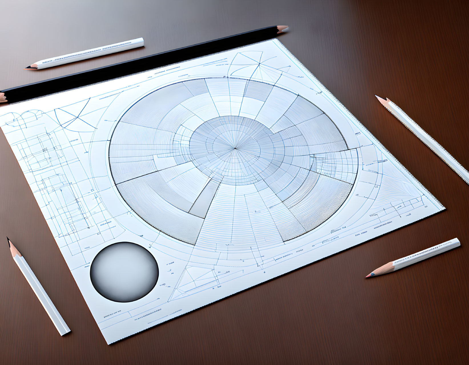 Mechanical part blueprint with geometric shapes on wooden surface