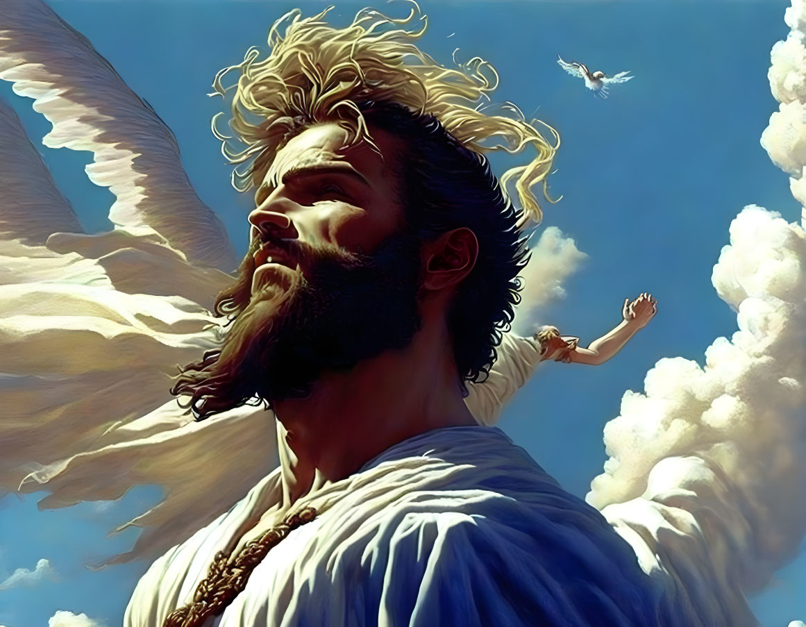 Bearded man with white wings in white robe gazes at clouds