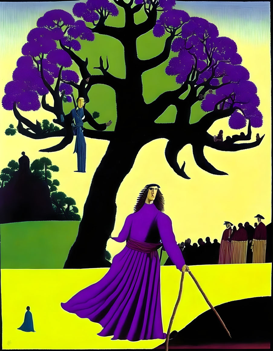 Stylized artwork: Large purple tree, figure in robes, colorful characters on yellow-green background