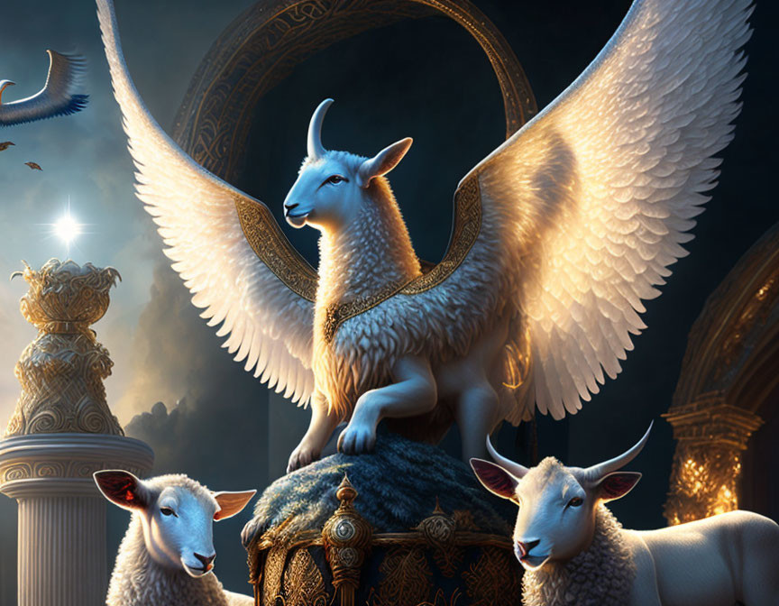 Mystical winged goat overseeing normal goats in celestial setting