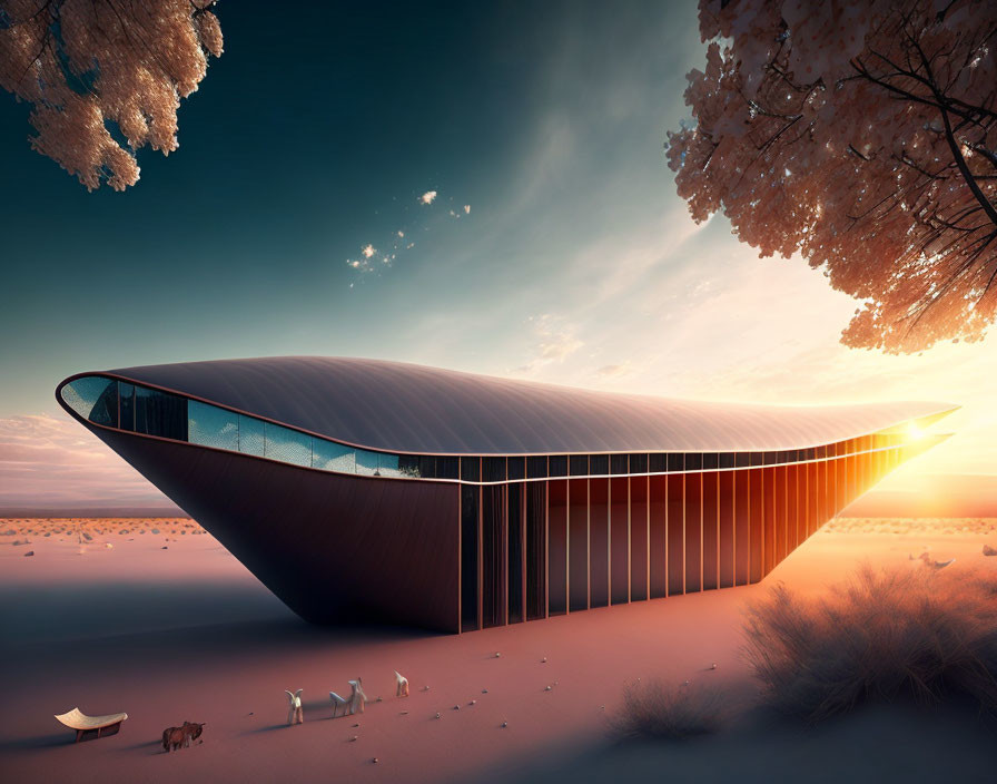 Futuristic elliptical building in desert oasis with animals and blooming trees