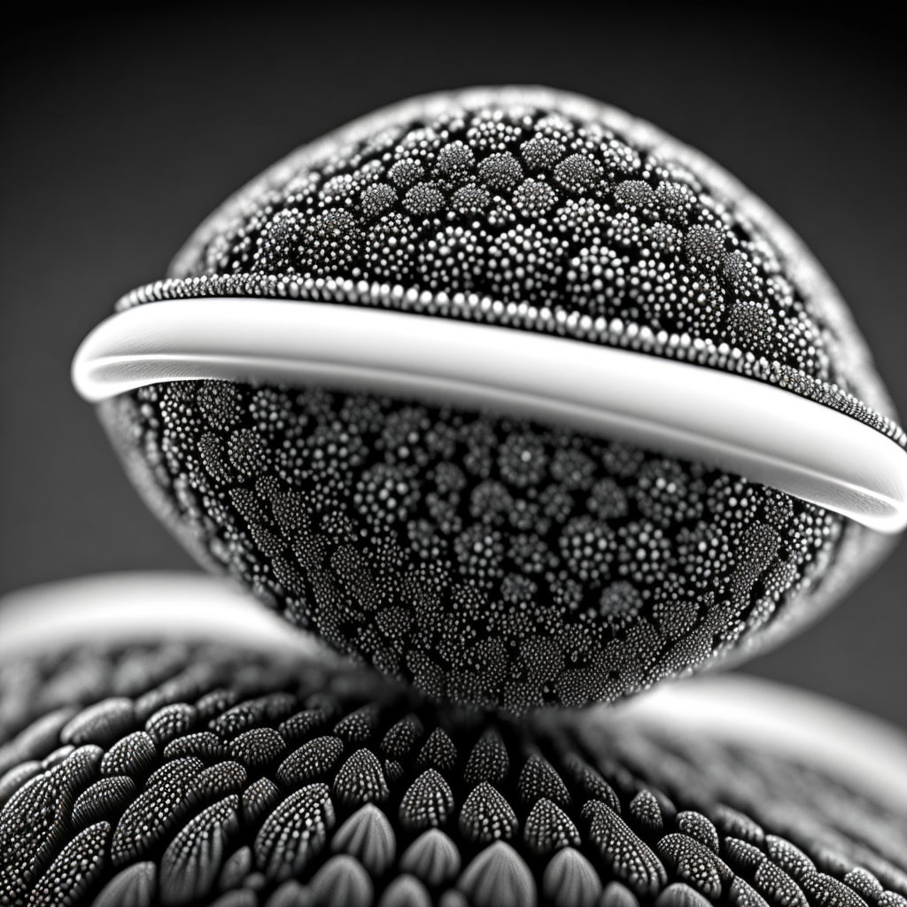 Textured spheres with intricate bead-like patterns on dark background