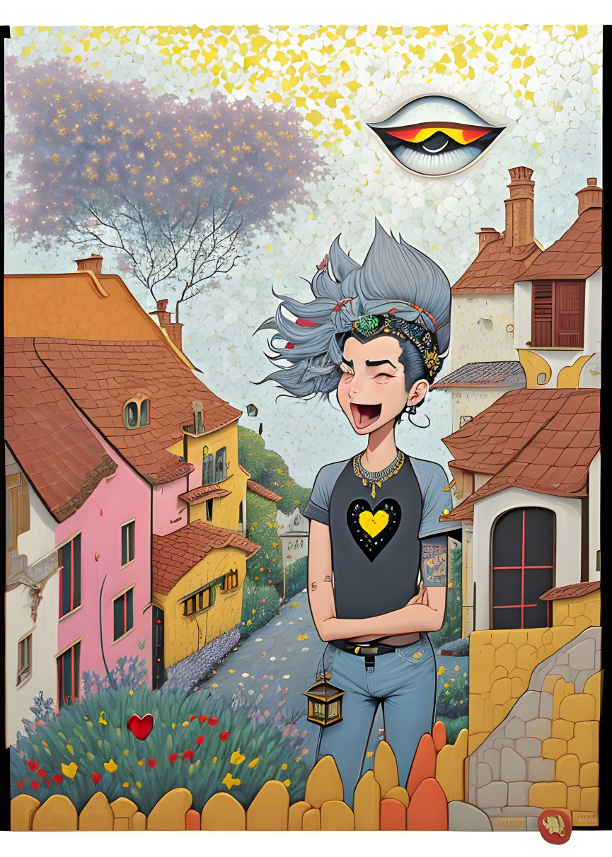 Illustration of punk-style character with mohawk in vibrant street scene